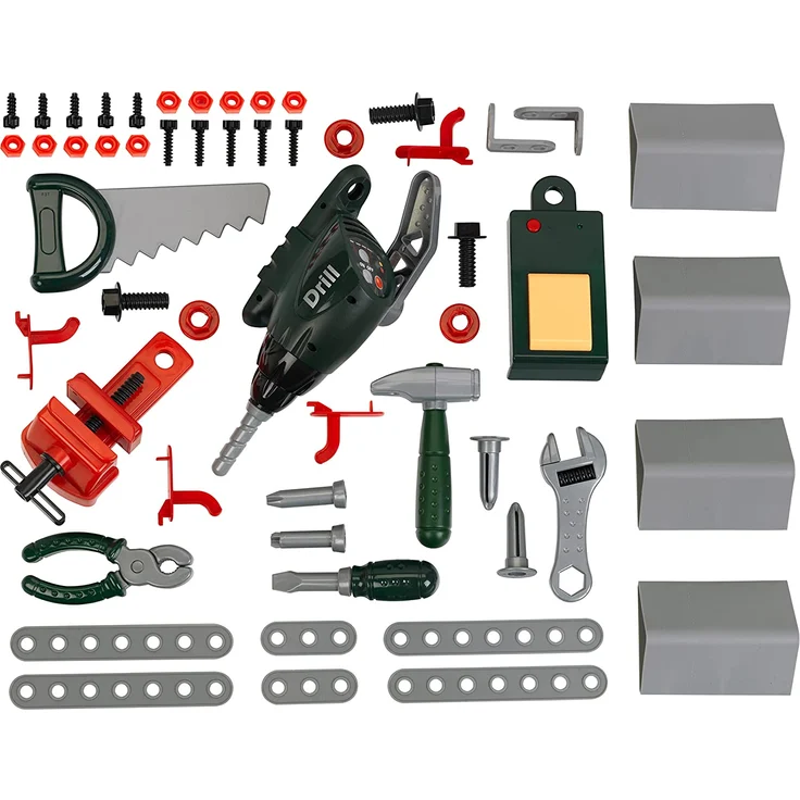 Theo Klein 8637 Bosch Werkbank 48-teilig I Höhenverstellbare Füße, I Arbeitsplatte mit vielen Funktionen und batteriebetriebenen Geräten I Inkl. Hammer, Säge, Rollgabelschlüssel und vielem mehr - Preisvergleich – Bild 4