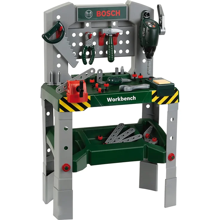 Theo Klein 8637 Bosch Werkbank 48-teilig I Höhenverstellbare Füße, I Arbeitsplatte mit vielen Funktionen und batteriebetriebenen Geräten I Inkl. Hammer, Säge, Rollgabelschlüssel und vielem mehr - Preisvergleich – Bild 1