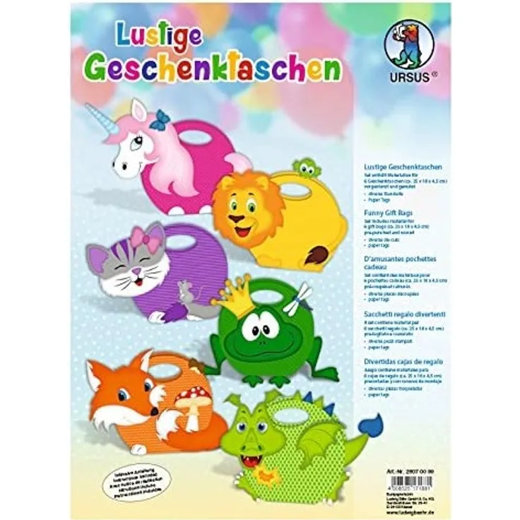 Ursus 28070099 - Geschenktaschen in Tiermotiven, 6 verschiedene Motive, ca. 17 x 24 x 4,8 cm