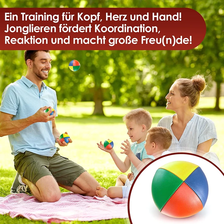 WB® WASSERUNEMPFINDLICHE Qualitäts-Jonglierbälle, 3Stück, Ø67mm, 130g schwer, Jonglierbälle für Anfänger und Profis, langlebigere Granulat-Füllung statt Hirse, inkl. Jonglieranleitung,Jonglierball – Bild 6