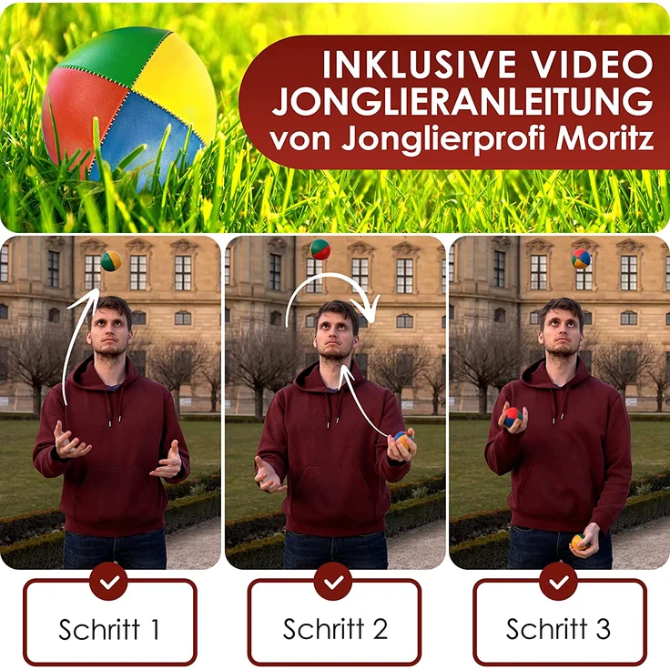 WB® WASSERUNEMPFINDLICHE Qualitäts-Jonglierbälle, 3Stück, Ø67mm, 130g schwer, Jonglierbälle für Anfänger und Profis, langlebigere Granulat-Füllung statt Hirse, inkl. Jonglieranleitung,Jonglierball – Bild 2