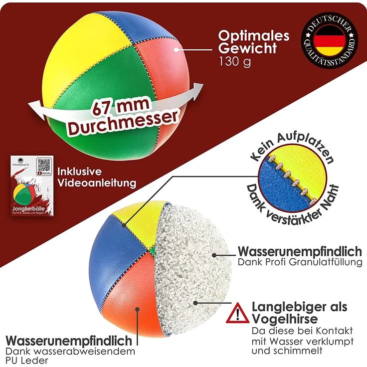 WB® WASSERUNEMPFINDLICHE Qualitäts-Jonglierbälle, 3Stück, Ø67mm, 130g schwer, Jonglierbälle für Anfänger und Profis, langlebigere Granulat-Füllung statt Hirse, inkl. Jonglieranleitung,Jonglierball – Bild 4