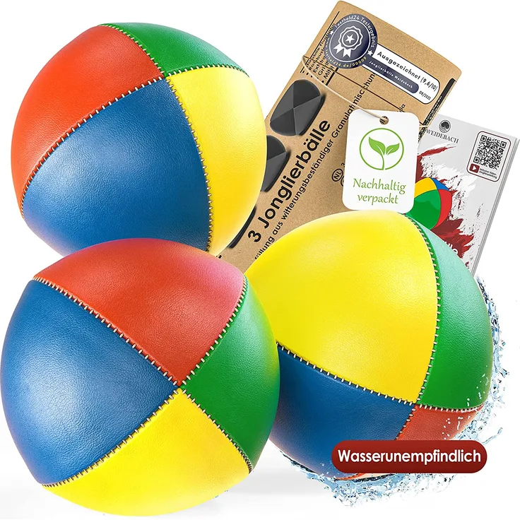 WB® WASSERUNEMPFINDLICHE Qualitäts-Jonglierbälle, 3Stück, Ø67mm, 130g schwer, Jonglierbälle für Anfänger und Profis, langlebigere Granulat-Füllung statt Hirse, inkl. Jonglieranleitung,Jonglierball