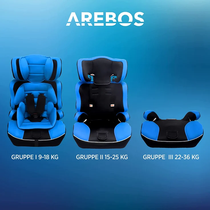 Arebos Kinderautositz | 3-Punkt-Sicherheitsgurt | Gruppe 1+2+3 für 9-36kg | Einstellbare Kopfstütze | ECE R44/04 | Abnehmbare Rückenlehne | Verstellbar (44 x 44 x 66-78 cm) (Blau) – Bild 6