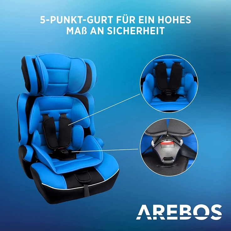 Arebos Kinderautositz | 3-Punkt-Sicherheitsgurt | Gruppe 1+2+3 für 9-36kg | Einstellbare Kopfstütze | ECE R44/04 | Abnehmbare Rückenlehne | Verstellbar (44 x 44 x 66-78 cm) (Blau) – Bild 3