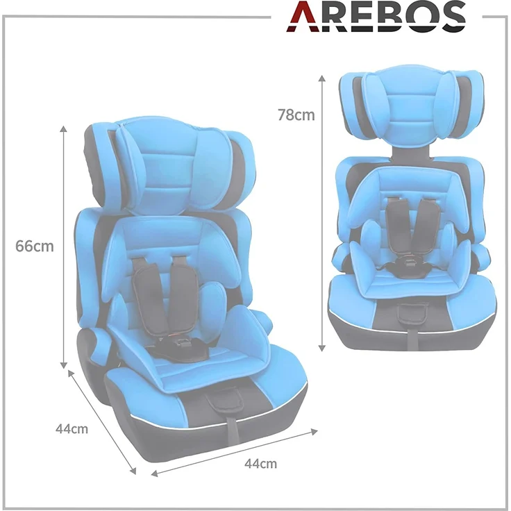 Arebos Kinderautositz | 3-Punkt-Sicherheitsgurt | Gruppe 1+2+3 für 9-36kg | Einstellbare Kopfstütze | ECE R44/04 | Abnehmbare Rückenlehne | Verstellbar (44 x 44 x 66-78 cm) (Blau) – Bild 7