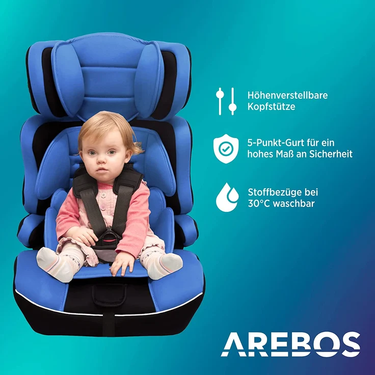 Arebos Kinderautositz | 3-Punkt-Sicherheitsgurt | Gruppe 1+2+3 für 9-36kg | Einstellbare Kopfstütze | ECE R44/04 | Abnehmbare Rückenlehne | Verstellbar (44 x 44 x 66-78 cm) (Blau) – Bild 2