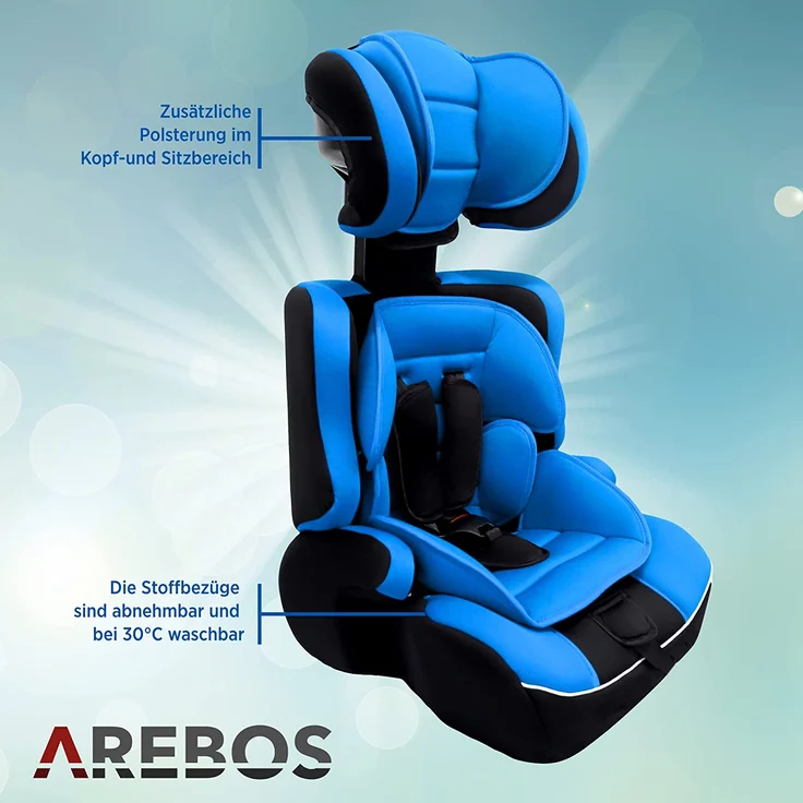 Arebos Kinderautositz | 3-Punkt-Sicherheitsgurt | Gruppe 1+2+3 für 9-36kg | Einstellbare Kopfstütze | ECE R44/04 | Abnehmbare Rückenlehne | Verstellbar (44 x 44 x 66-78 cm) (Blau) – Bild 4