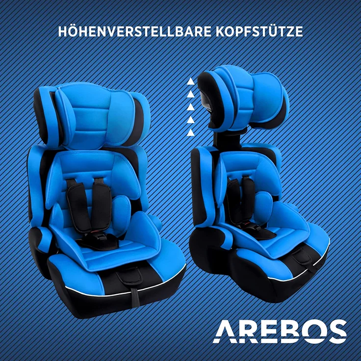 Arebos Kinderautositz | 3-Punkt-Sicherheitsgurt | Gruppe 1+2+3 für 9-36kg | Einstellbare Kopfstütze | ECE R44/04 | Abnehmbare Rückenlehne | Verstellbar (44 x 44 x 66-78 cm) (Blau) – Bild 5