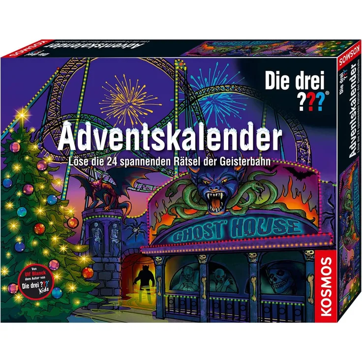 KOSMOS 634162 - Die drei ??? Adventskalender 2019, Löse 24 spannende Rätsel in der Geisterbahn, mit 24 Detektiv-Gimmicks, Spielzeug-Adventskalender für Kinder ab 8, Krimi Geschichte bis Weihnachten