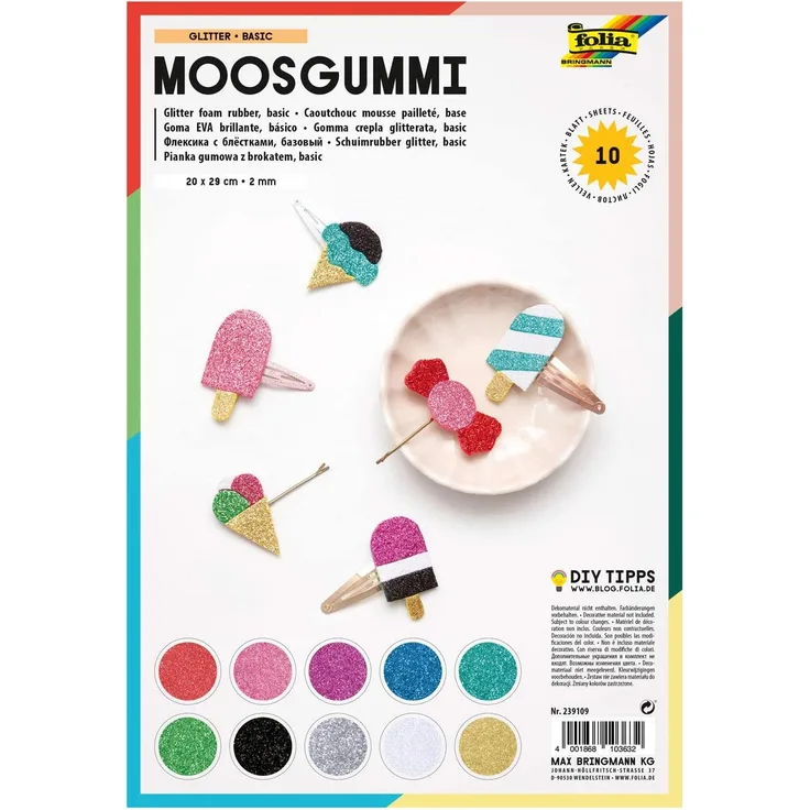 folia 239109 - Moosgummi Glitter, 2 mm, ca. 20 x 29 cm, 10 Bögen, sortiert in 10 Glitzerfarben, nicht selbstklebend, ideal für vielseitige Bastelarbeiten