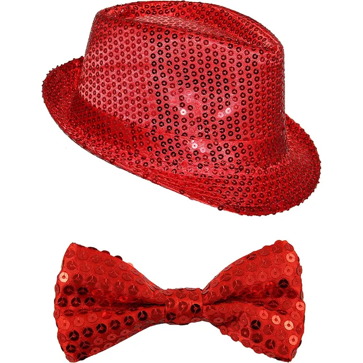 Pailletten Kostüm Set für Fasching & Silvester - Rot - Hut & Fliege - Karneval & Junggesellenabschied