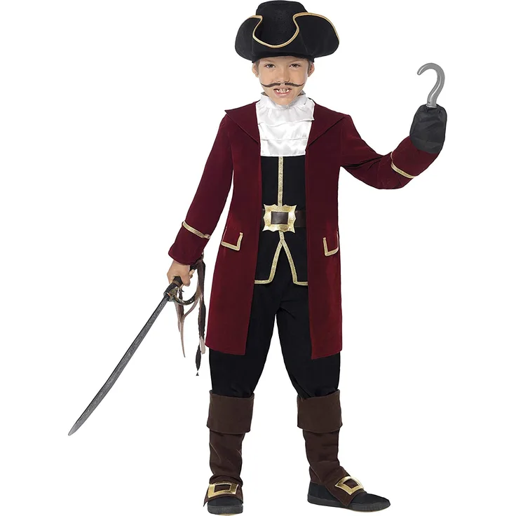 Smiffys Deluxe Piratenkapitän Kostüm, Schwarz, mit Jacket, Westenattrappe, Hosen, Halstuch und Hut, S