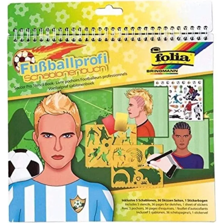 folia 41205 - Schablonenbuch Fußballprofi, Block mit 36 Malvorlagen, 5 Schablonen und 1 Stickerbögen - ideal für Jungen