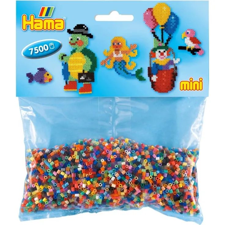 Hama Perlen 5201 Bügelperlen Beutel mit ca. 7. 500 Mini Bastelperlen mit Durchmesser 2,5 mm im bunten Mix mit 49 Farben, kreativer Bastelspaß für Groß und Klein