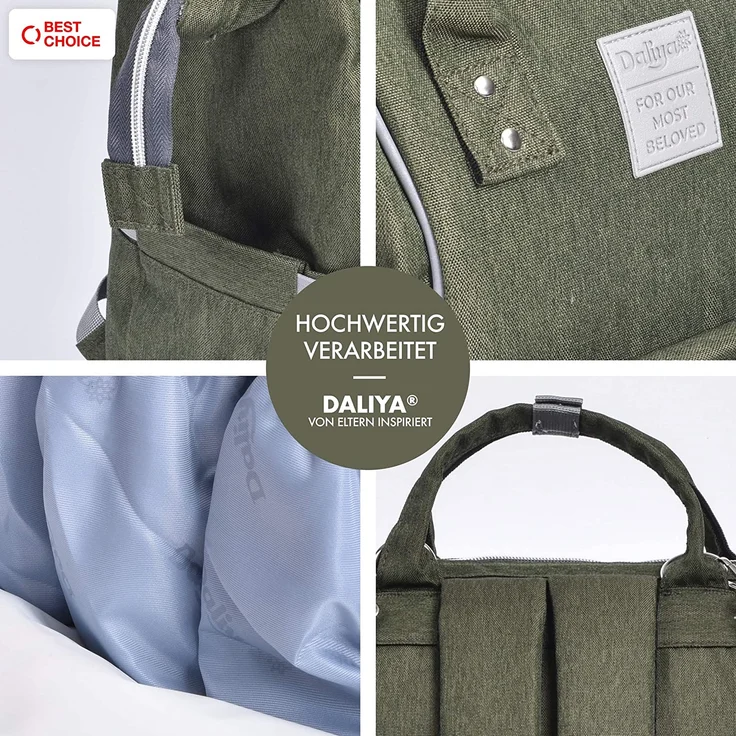 Daliya® PAKMI Wickelrucksack mit Schnullertasche & Wickelunterlage & Wickelunterlagentasche & Schlüsselanhänger - Wickeltasche Mamabag Tasche Rucksack mit viel Stauraum - Olivgrün – Bild 4