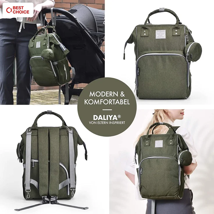 Daliya® PAKMI Wickelrucksack mit Schnullertasche & Wickelunterlage & Wickelunterlagentasche & Schlüsselanhänger - Wickeltasche Mamabag Tasche Rucksack mit viel Stauraum - Olivgrün – Bild 2