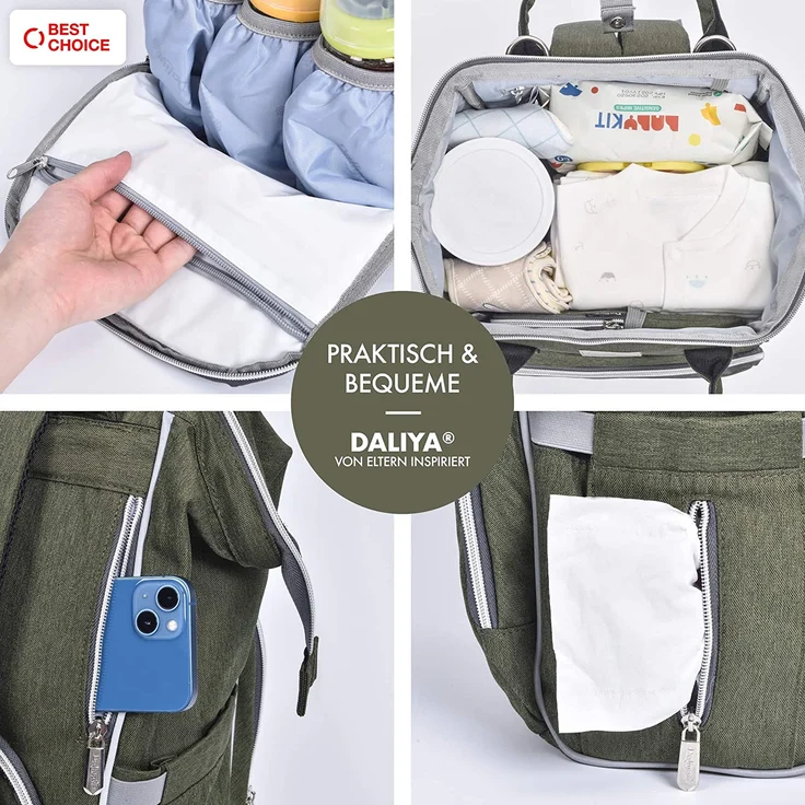 Daliya® PAKMI Wickelrucksack mit Schnullertasche & Wickelunterlage & Wickelunterlagentasche & Schlüsselanhänger - Wickeltasche Mamabag Tasche Rucksack mit viel Stauraum - Olivgrün – Bild 3
