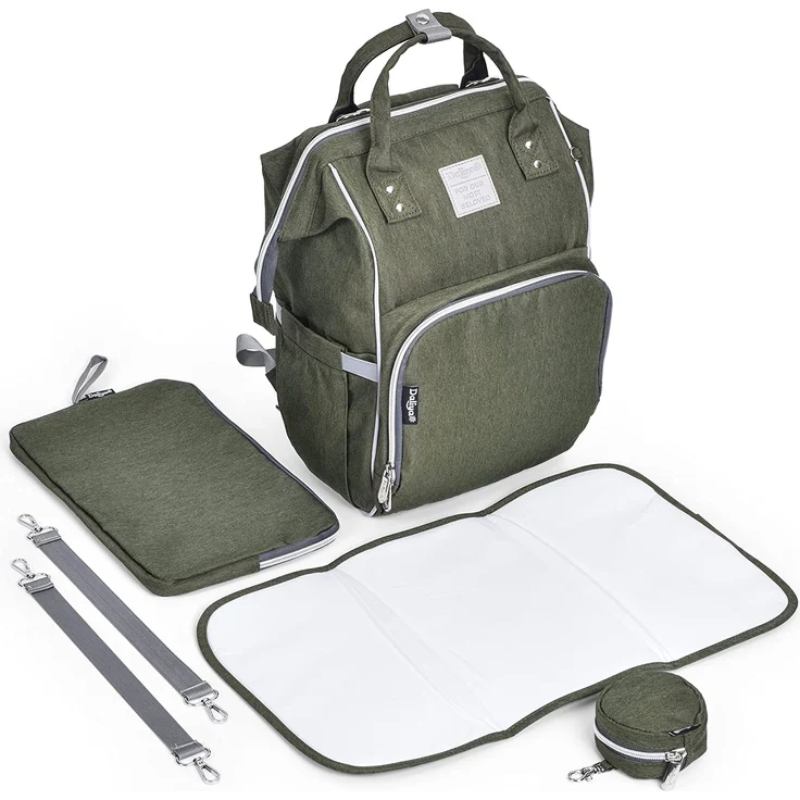 Daliya® PAKMI Wickelrucksack mit Schnullertasche & Wickelunterlage & Wickelunterlagentasche & Schlüsselanhänger - Wickeltasche Mamabag Tasche Rucksack mit viel Stauraum - Olivgrün – Bild 1