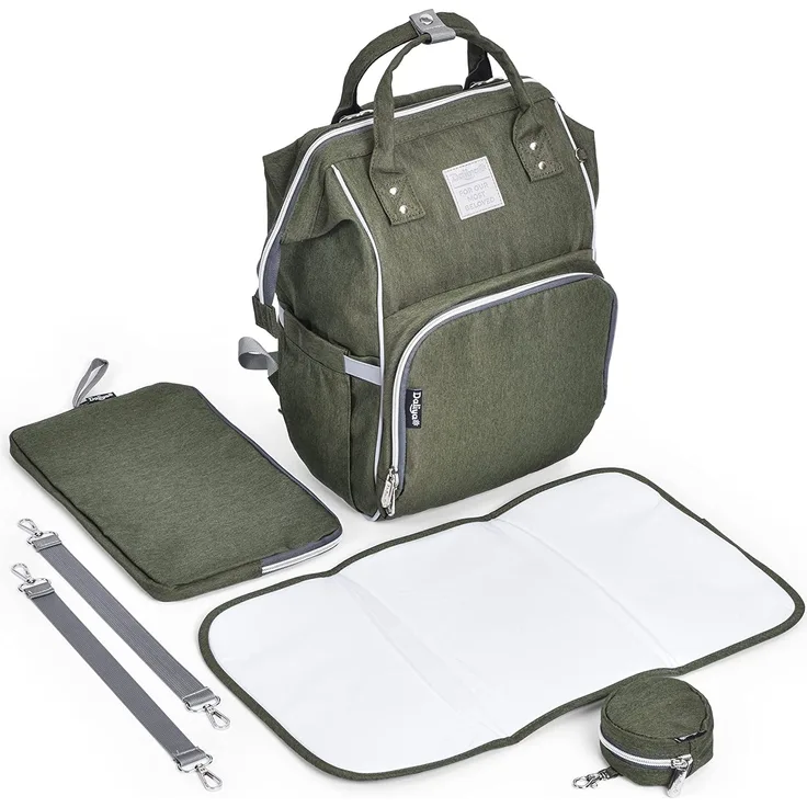Daliya® PAKMI Wickelrucksack mit Schnullertasche & Wickelunterlage & Wickelunterlagentasche & Schlüsselanhänger - Wickeltasche Mamabag Tasche Rucksack mit viel Stauraum - Olivgrün