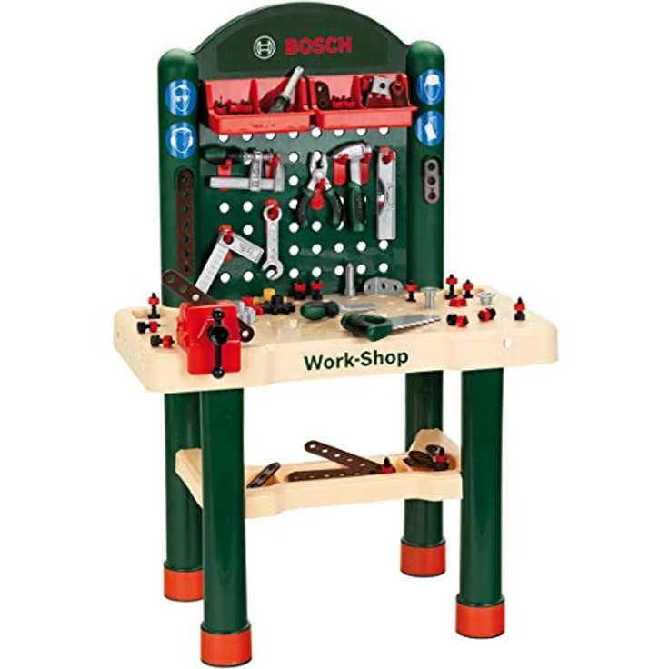 Theo Klein 8461 Bosch 82-teilier Workshop I Mit Arbeitsplatte in Holzoptik und Lernfunktion mit Nagelspiel I Mit Zange, Feile, Hammer und vielem mehr I Maße: 67,5 cm x 38,5 cm x 102 cm – Bild 1