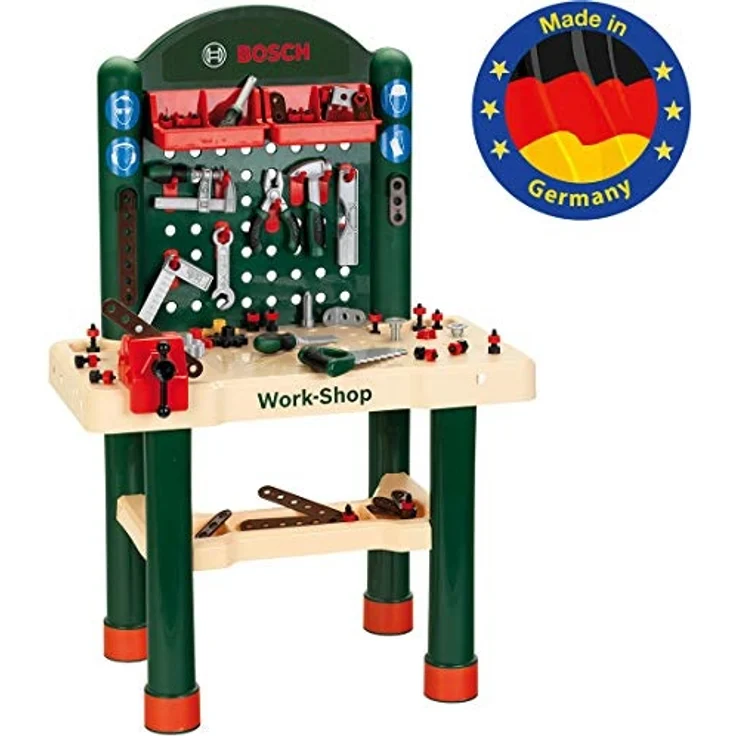 Theo Klein 8461 Bosch 82-teilier Workshop I Mit Arbeitsplatte in Holzoptik und Lernfunktion mit Nagelspiel I Mit Zange, Feile, Hammer und vielem mehr I Maße: 67,5 cm x 38,5 cm x 102 cm – Bild 2