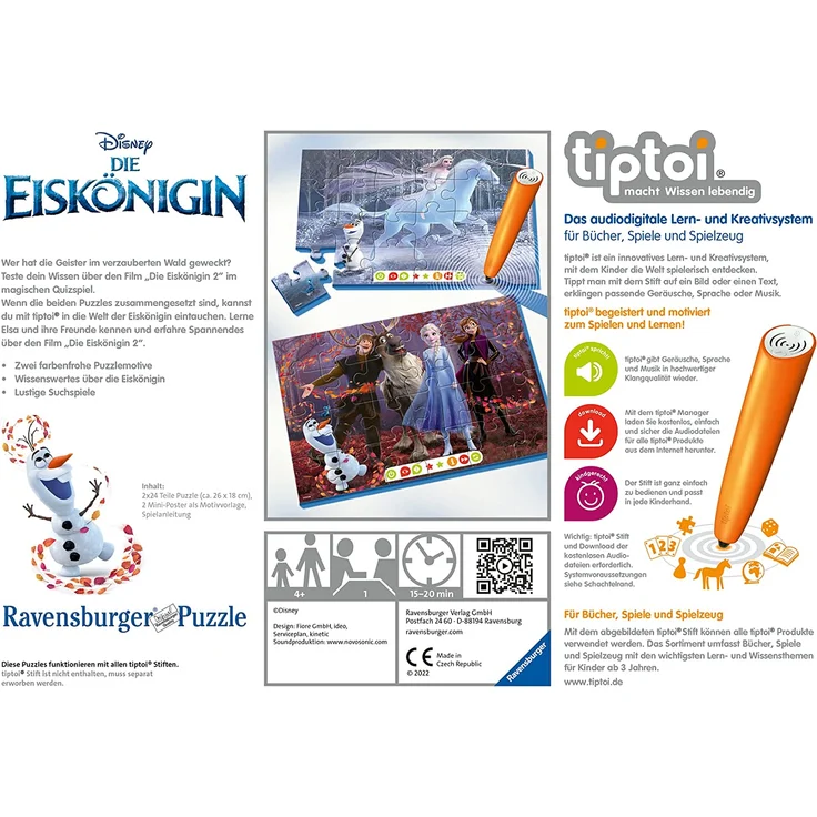 Ravensburger tiptoi Spiel 00109 Puzzle für kleine Entdecker: Die Eiskönigin - 2x24 Teile Kinderpuzzle ab 4 Jahren Anzahl Teile: 2 x 24, Puzzle, tiptoi macht Wissen lebendig, Das audiodigitale Lernsystem, ohne tiptoi-Stift (muss separat erworben werden), Disney Frozen 2 - Die Eiskönigin – Bild 4