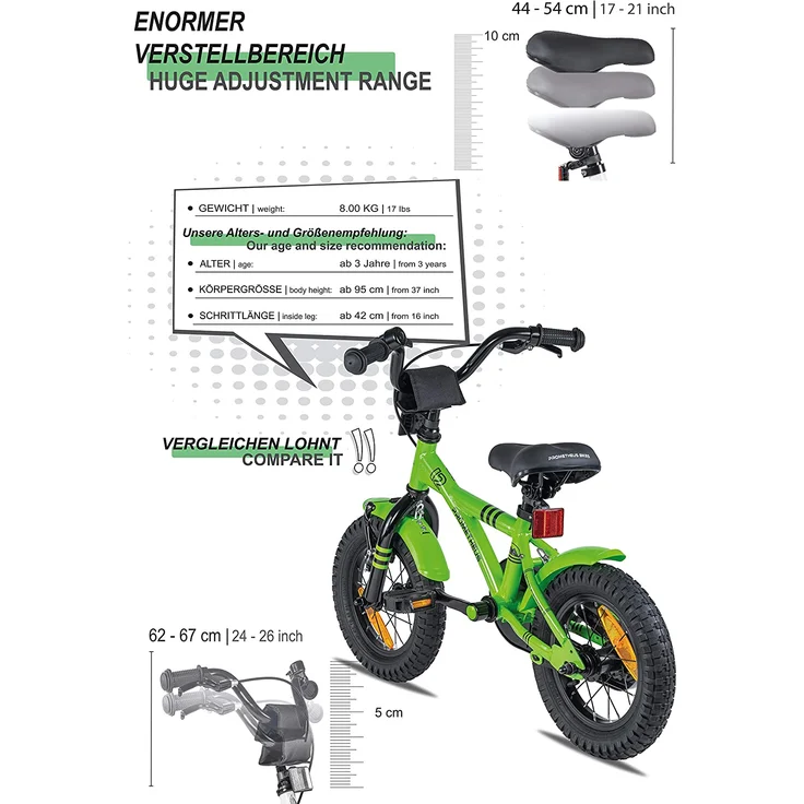PROMETHEUS BICYCLES® GREEN HAWK Kinderfahrrad 12 , Grün & Schwarz ab 3 Jahre mit Stützräder – Bild 4