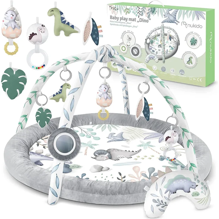 Nukido Interaktive Pädagogische Babyspielmatte – Babyspielmatte für Bodenspiel ab der Geburt – Spielmatte für Babys – 2in1 Baby-Sensormatte – 7 Funktionelle Spielzeuge – 56 cm Grau