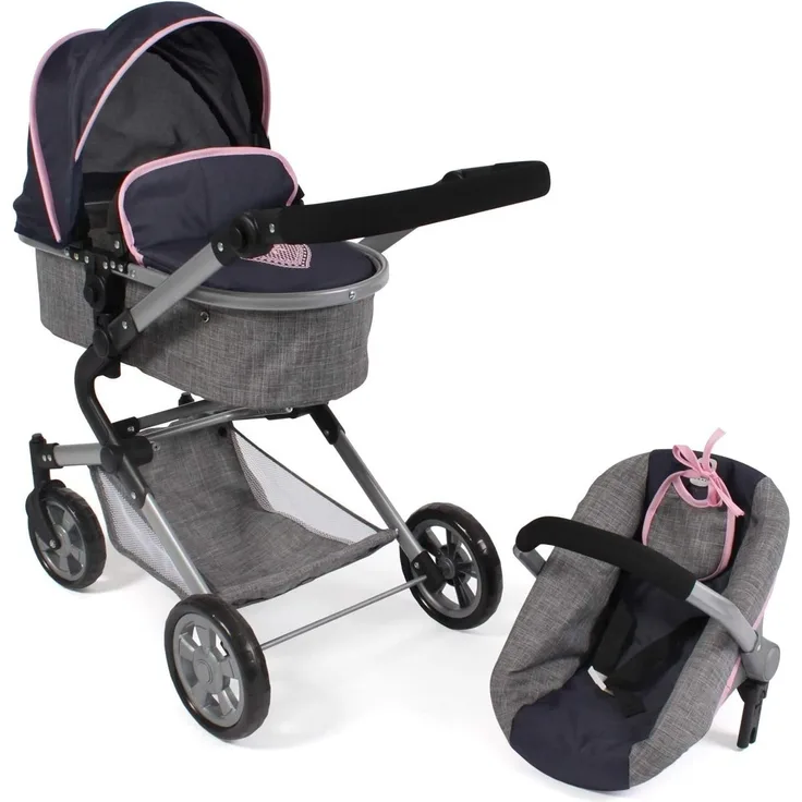 Bayer Chic 2000 597 26 3-in-1 Kombi Lia, Puppenwagen-Set mit Autositz, Babywanne und Sportsitz, Melange Navy-pink, dunkelblau