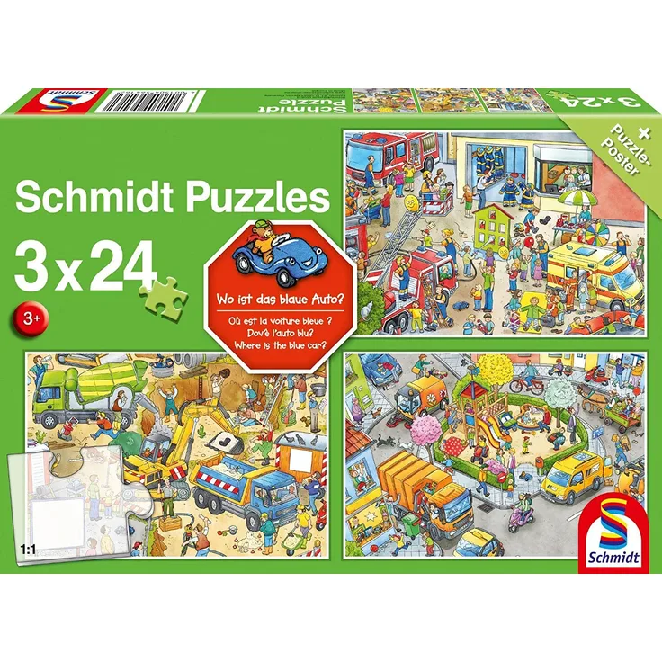Schmidt Spiele 56416 Puzzle Wo ist das blaue Auto? 3 x 24 Teile