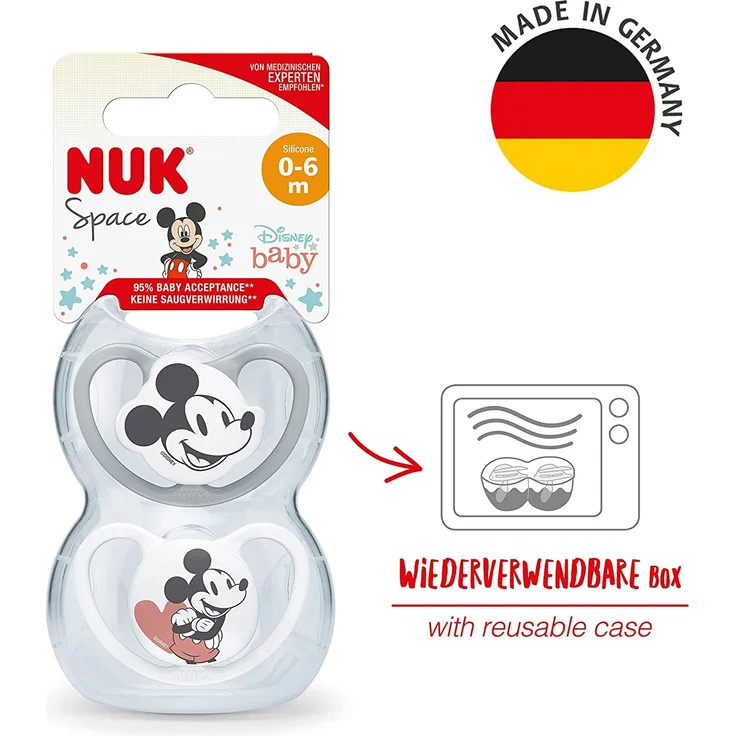 NUK Space Schnuller | 0–6 Monate | Schnuller mit extra Belüftung | BPA-freies Silikon | Disney Mickey Maus | grau und weiß | 2 Stück – Bild 6