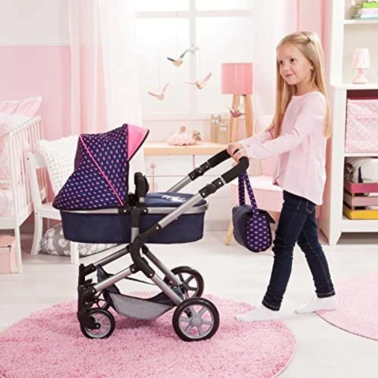 Bayer Design 18137AA - City Neo Kombi-Puppenwagen mit Wickeltasche und Einkaufskorb - Blau, Rosa, Einhornmotiv und Herzchen – Bild 7