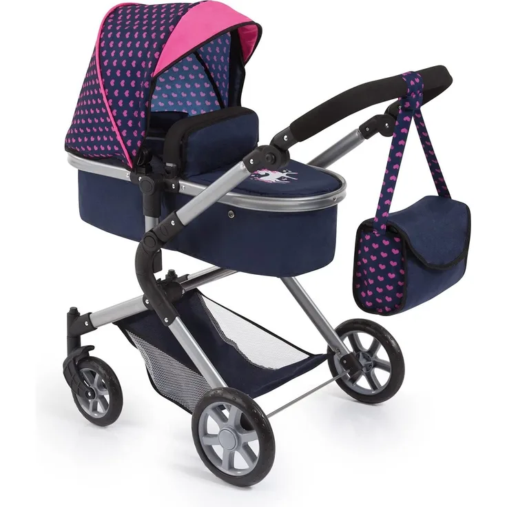 Bayer Design 18137AA - City Neo Kombi-Puppenwagen mit Wickeltasche und Einkaufskorb - Blau, Rosa, Einhornmotiv und Herzchen