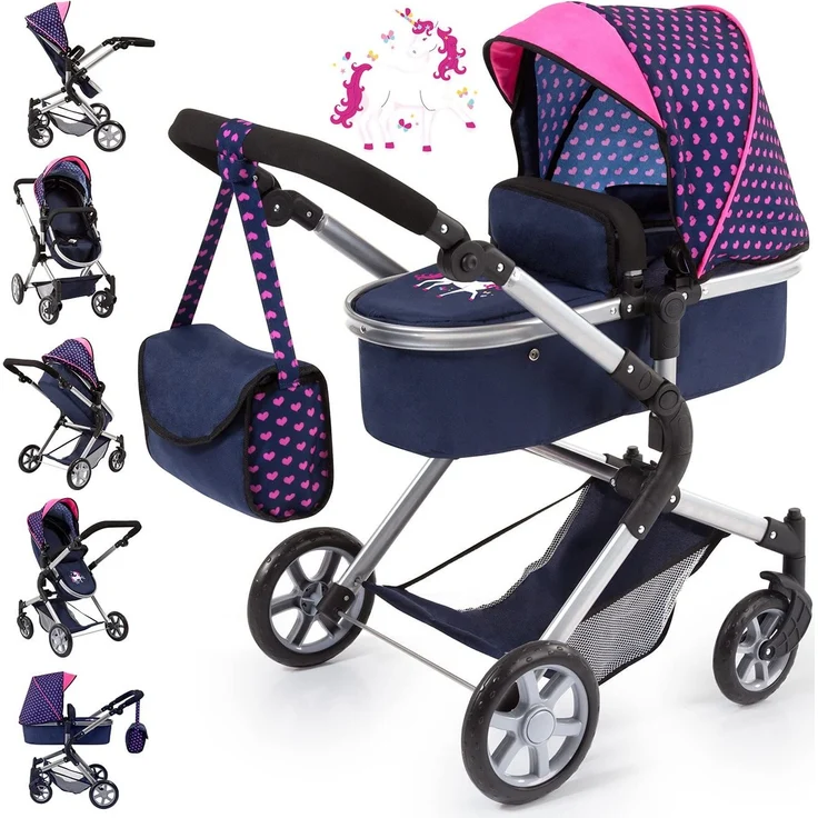 Bayer Design 18137AA - City Neo Kombi-Puppenwagen mit Wickeltasche und Einkaufskorb - Blau, Rosa, Einhornmotiv und Herzchen – Bild 6