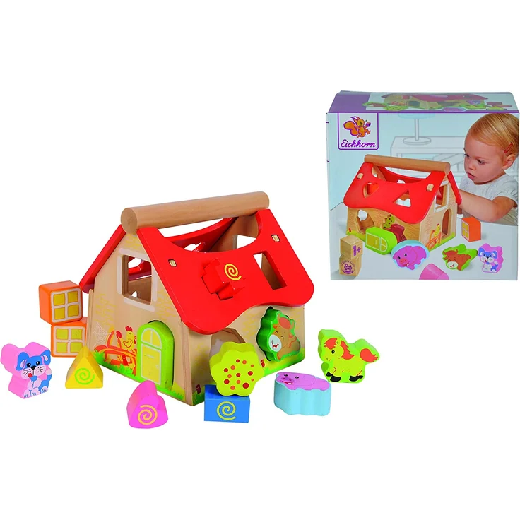 Eichhorn Holz Steckhaus, 15-teiliges Haus aus Kiefernholz, mit 12 Steck-Bausteinen, Motorikspielzeug für Kinder ab 1 Jahr, Größe: 17x17,5cm – Bild 4