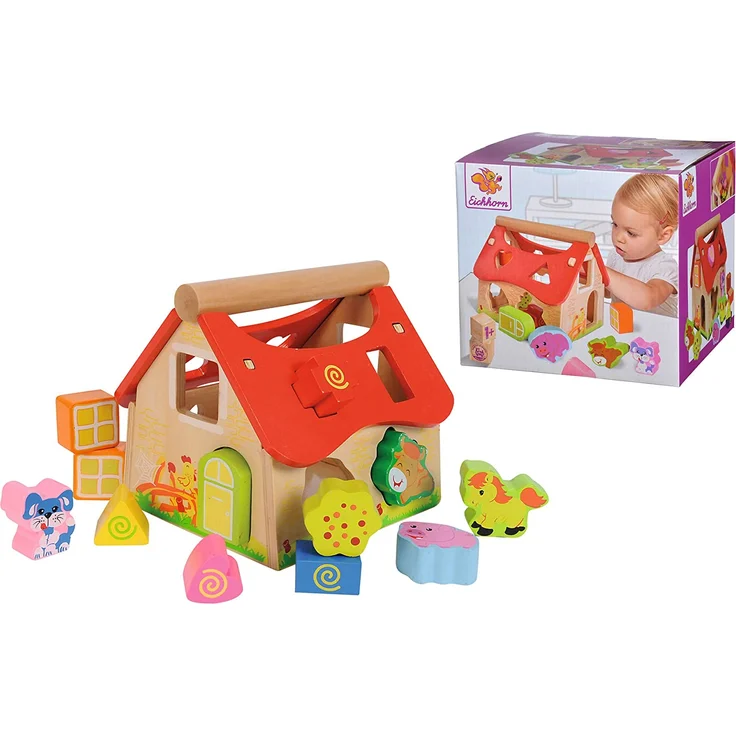 Eichhorn Holz Steckhaus, 15-teiliges Haus aus Kiefernholz, mit 12 Steck-Bausteinen, Motorikspielzeug für Kinder ab 1 Jahr, Größe: 17x17,5cm – Bild 1