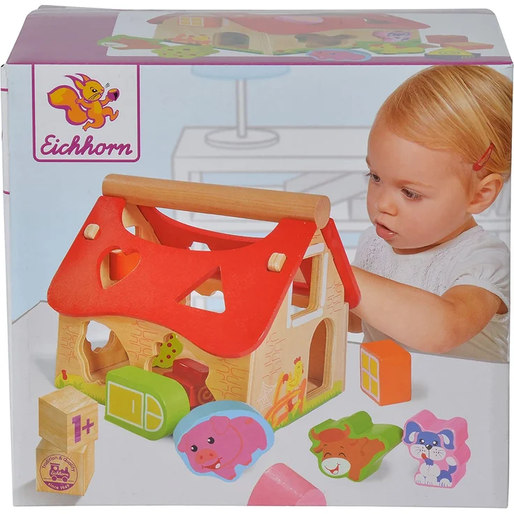 Eichhorn Holz Steckhaus, 15-teiliges Haus aus Kiefernholz, mit 12 Steck-Bausteinen, Motorikspielzeug für Kinder ab 1 Jahr, Größe: 17x17,5cm – Bild 5