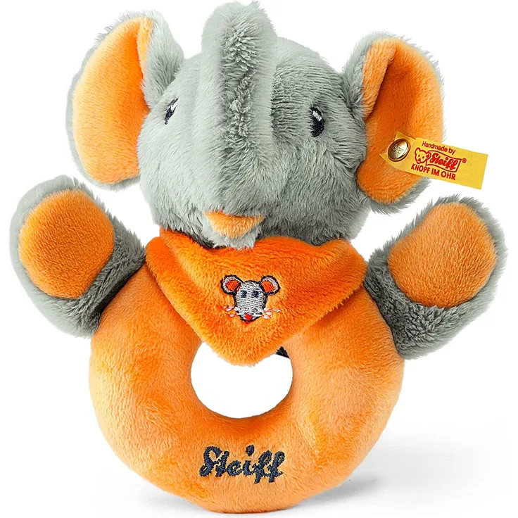 STEIFF 240270 Trampili Elefant Greifring, 12 cm, grau / orange