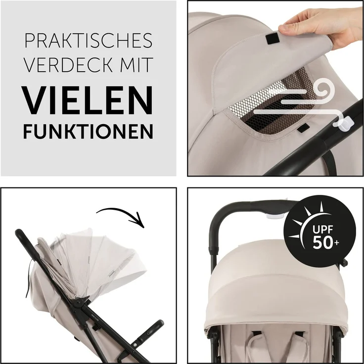 hauck Reise Buggy Travel N Care, für Kinder, bis 25 kg Belastbar, Leicht, Kompakt, Handlich , Komfortable Sitz-/Liegefunktion, Leichtlaufräder, Federung, UV-Schutz 50+, Einhändig Klein Faltbar, Beige – Bild 3