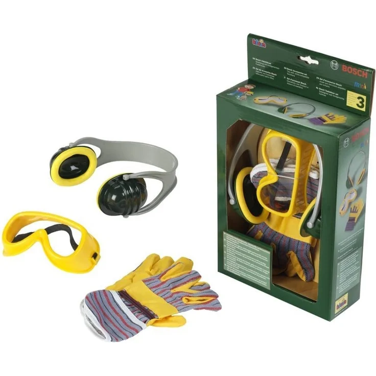Theo Klein 8535 Bosch 3-teiliges Zubehör-Set I Arbeitshandschuhe, Arbeitsbrille und Ohrenschützer im Bosch-Design I Verpackungsmaße: 19,5 cm x 7 cm x 33,5 cm I Spielzeug für Kinder ab 3 Jahren – Bild 3