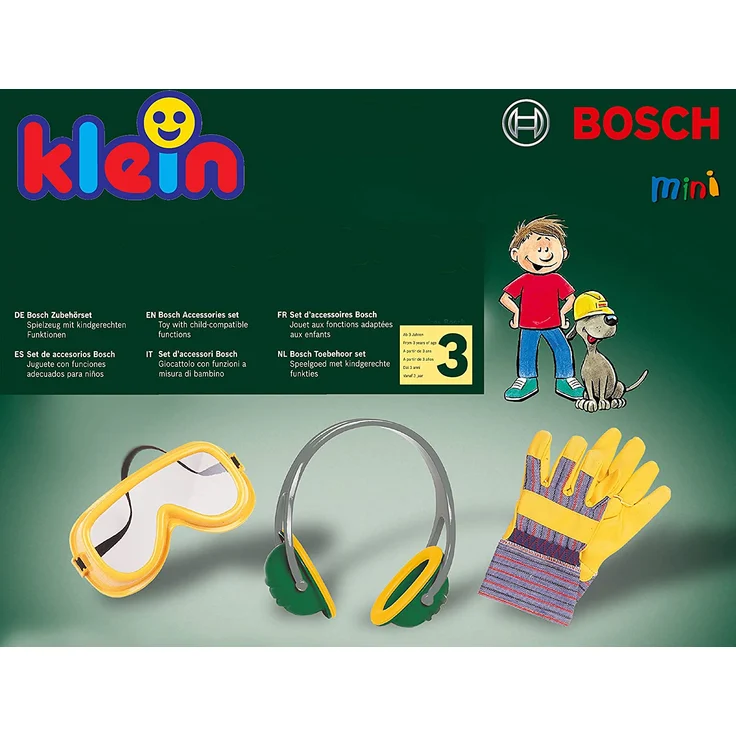 Theo Klein 8535 Bosch 3-teiliges Zubehör-Set I Arbeitshandschuhe, Arbeitsbrille und Ohrenschützer im Bosch-Design I Verpackungsmaße: 19,5 cm x 7 cm x 33,5 cm I Spielzeug für Kinder ab 3 Jahren – Bild 4