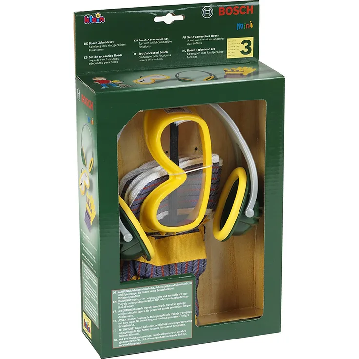 Theo Klein 8535 Bosch 3-teiliges Zubehör-Set I Arbeitshandschuhe, Arbeitsbrille und Ohrenschützer im Bosch-Design I Verpackungsmaße: 19,5 cm x 7 cm x 33,5 cm I Spielzeug für Kinder ab 3 Jahren