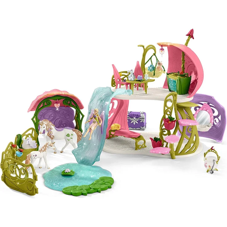 Schleich bayala Glitzerndes Blütenhaus mit Einhörnern, See und Stall – Bild 1