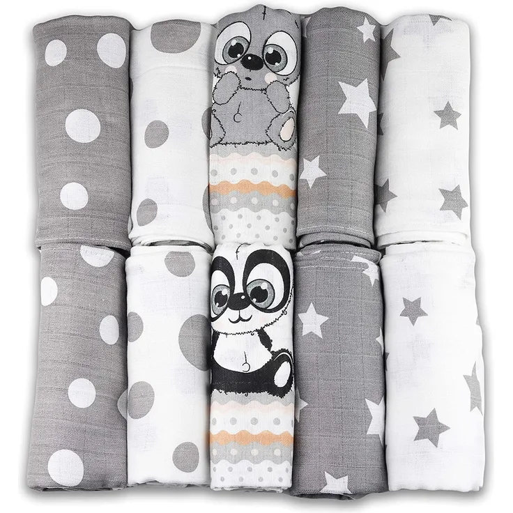 FENSILO - Mullwindeln - Mulltücher - 10er Pack 70x80 cm - Stoffwindeln, MADE IN EU - schadstoffgeprüft - Spucktücher für Jungen und Mädchen - Baby Mullwindeln – grau - weiß