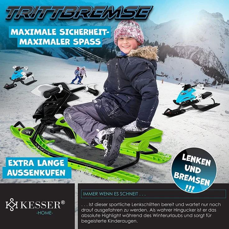 KESSER® Lenkschlitten mit 2 Fußbremsen | Automatisches Zugseil | Federung | Kufenlenkung | Bob Kinderschlitten Rodel Schlitten | Skiboblenkschlitten | Grün – Bild 5