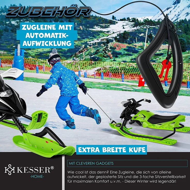KESSER® Lenkschlitten mit 2 Fußbremsen | Automatisches Zugseil | Federung | Kufenlenkung | Bob Kinderschlitten Rodel Schlitten | Skiboblenkschlitten | Grün – Bild 8