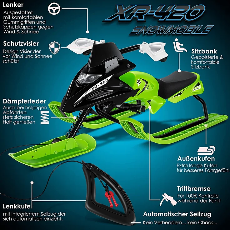 KESSER® Lenkschlitten mit 2 Fußbremsen | Automatisches Zugseil | Federung | Kufenlenkung | Bob Kinderschlitten Rodel Schlitten | Skiboblenkschlitten | Grün – Bild 4