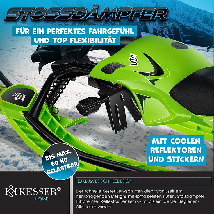 KESSER® Lenkschlitten mit 2 Fußbremsen | Automatisches Zugseil | Federung | Kufenlenkung | Bob Kinderschlitten Rodel Schlitten | Skiboblenkschlitten | Grün – Bild 6