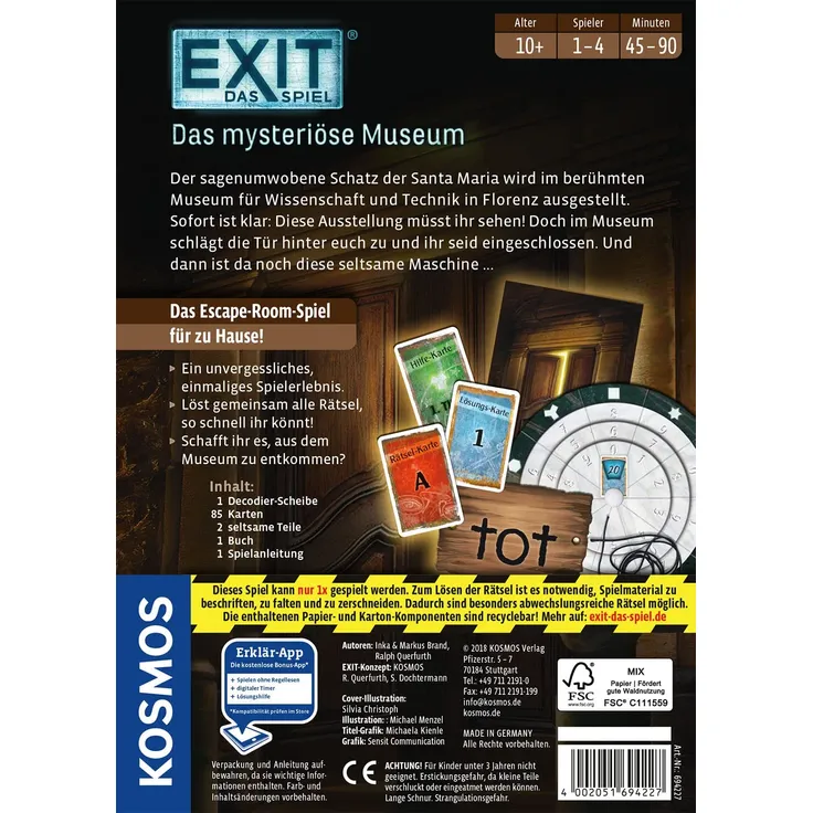 KOSMOS 694227 - EXIT - Das Spiel, Das mysteriöse Museum, Level: Einsteiger, Escape Room Spiel, für 1 bis 4 Spieler ab 10 Jahren, einmaliges Event-Spiel für Erwachsene und Kinder – Bild 2